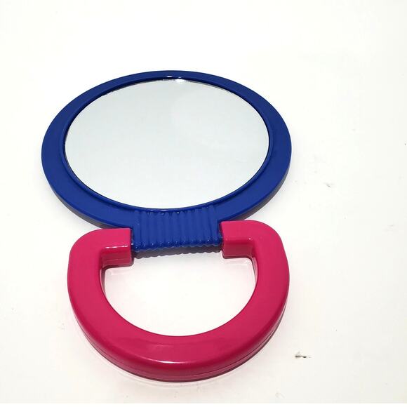 Vtg 90's Hand Held Mirror 6" x 8.5" Stand-Up Two Sided Pink and Blue-Violet - Picture 1 of 8